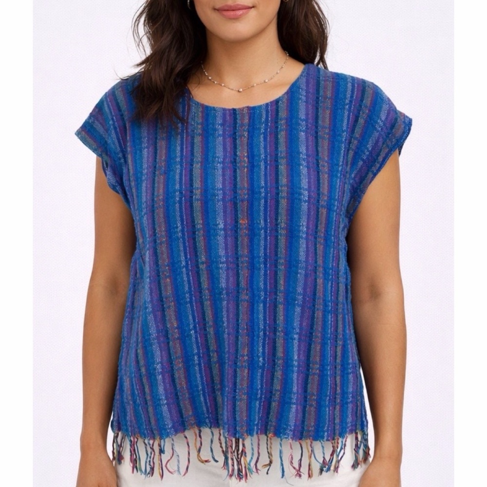 (VTG) Multicolored Woven Striped Tassel-Trimmed Mexican Blouse, M